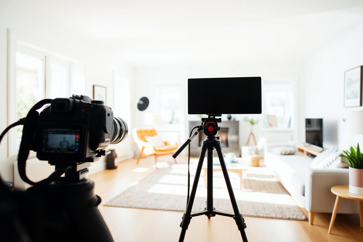 Boligfotograf med profesjonelt kamera og stativ klar til fotografering av lys stue