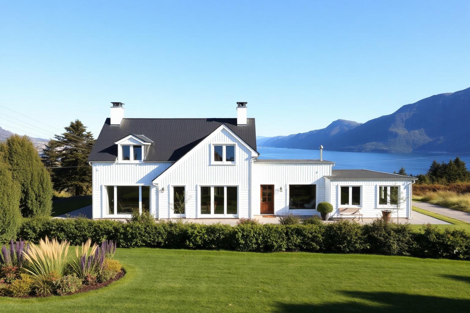 Hvit moderne villa i Asker med fjordutsikt og velholdt hage