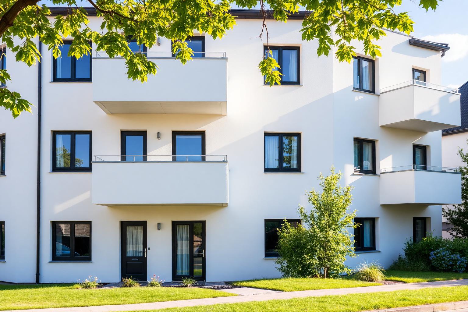 Moderne hvit boligblokk i Lillestrøm med balkonger og grønne trær